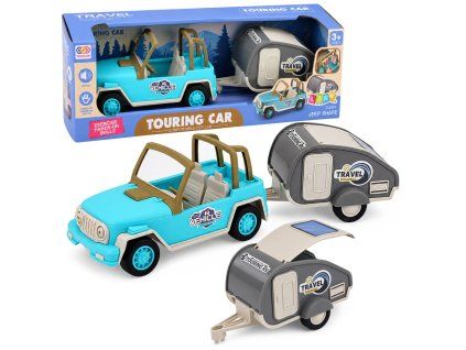 Turistický set Modré terénní auto se zvuky + Karavan