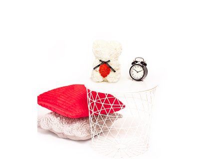 Medvídek z růží Rose Bear Bílý se Srdcem 25 cm bílo-červený