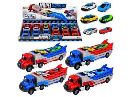 Nákladní auto Transporter s nájezdem vystřelovač autíček měřítko 1:55