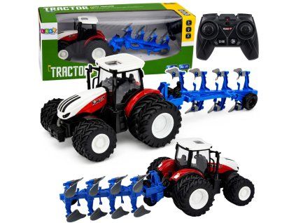 RC Traktor s víceradličným pluhem 1:24 Červený