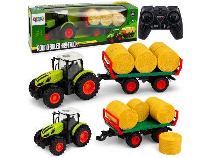 RC Traktor s přívěsem a balíkem sena světla 1:24
