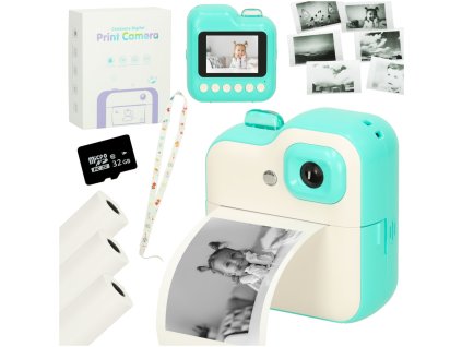 Dětský okamžitý fotoaparát termotiskárna + náplně karta 32 GB zelený