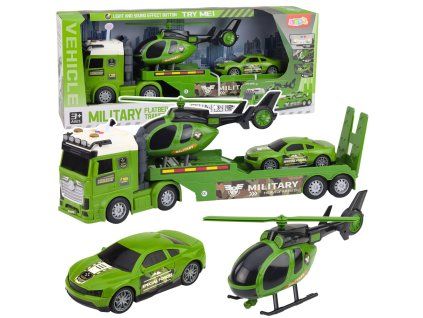 Vojenská sada Nákladní auto + Přepravník + Auto + Vrtulník Světla Zvuk