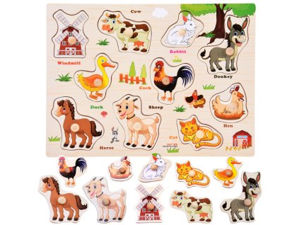 Dřevěné puzzle Farma 10 dílků s anglickými slovíčky
