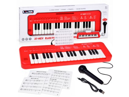 Dětský elektronický keyboard 37 kláves s mikrofonem červený