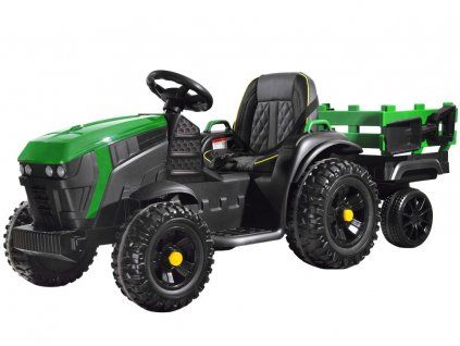 Elektrický farmářský traktor s přívěsem zelený
