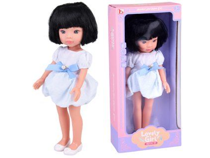 Panenka Lovely Girl 33 cm černé krátké vlasy bílé šaty