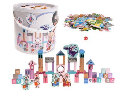 Dřevěná stavebnice Hrad s rytíři pro děti 3+ Dřevěné figurky + Sorter tvarů + Puzzle podložka + Hra Člověče nezlob se